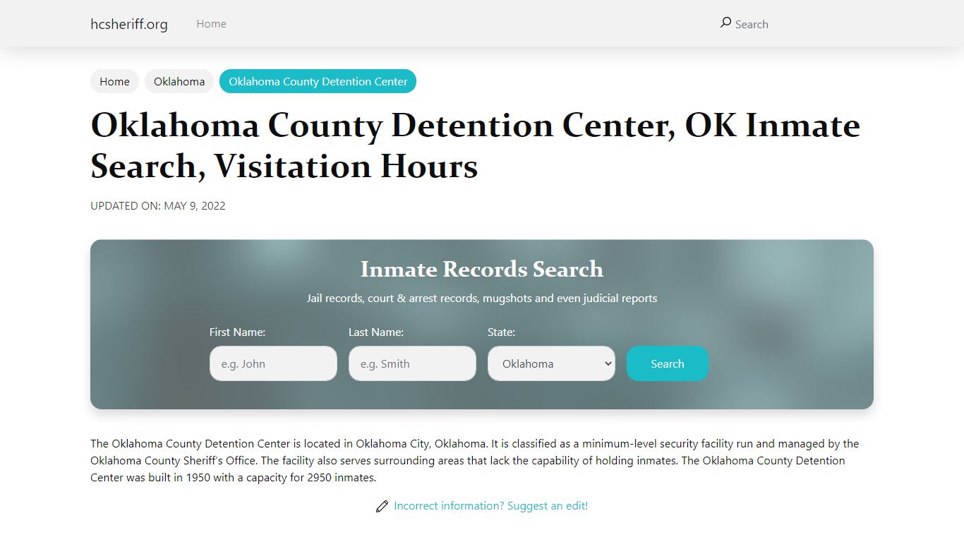 Oklahoma County Detention Center , OK Inmate Search, Visitation Hours